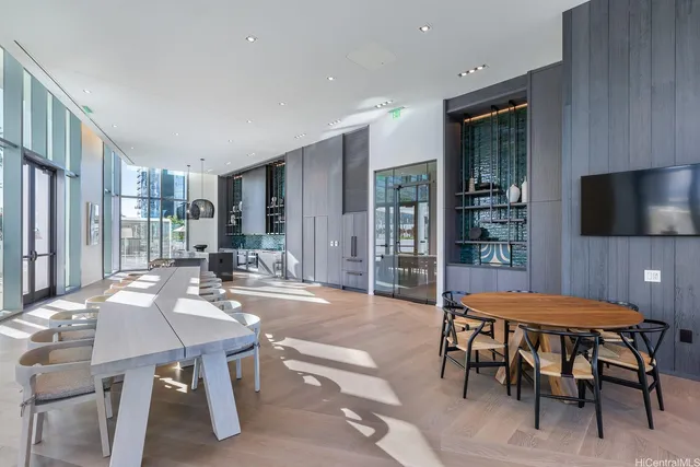 a view of a dining room with furniture