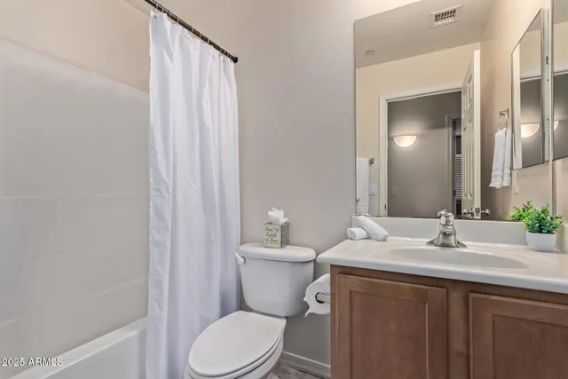 a bathroom with a sink a toilet a mirror and shower curtain