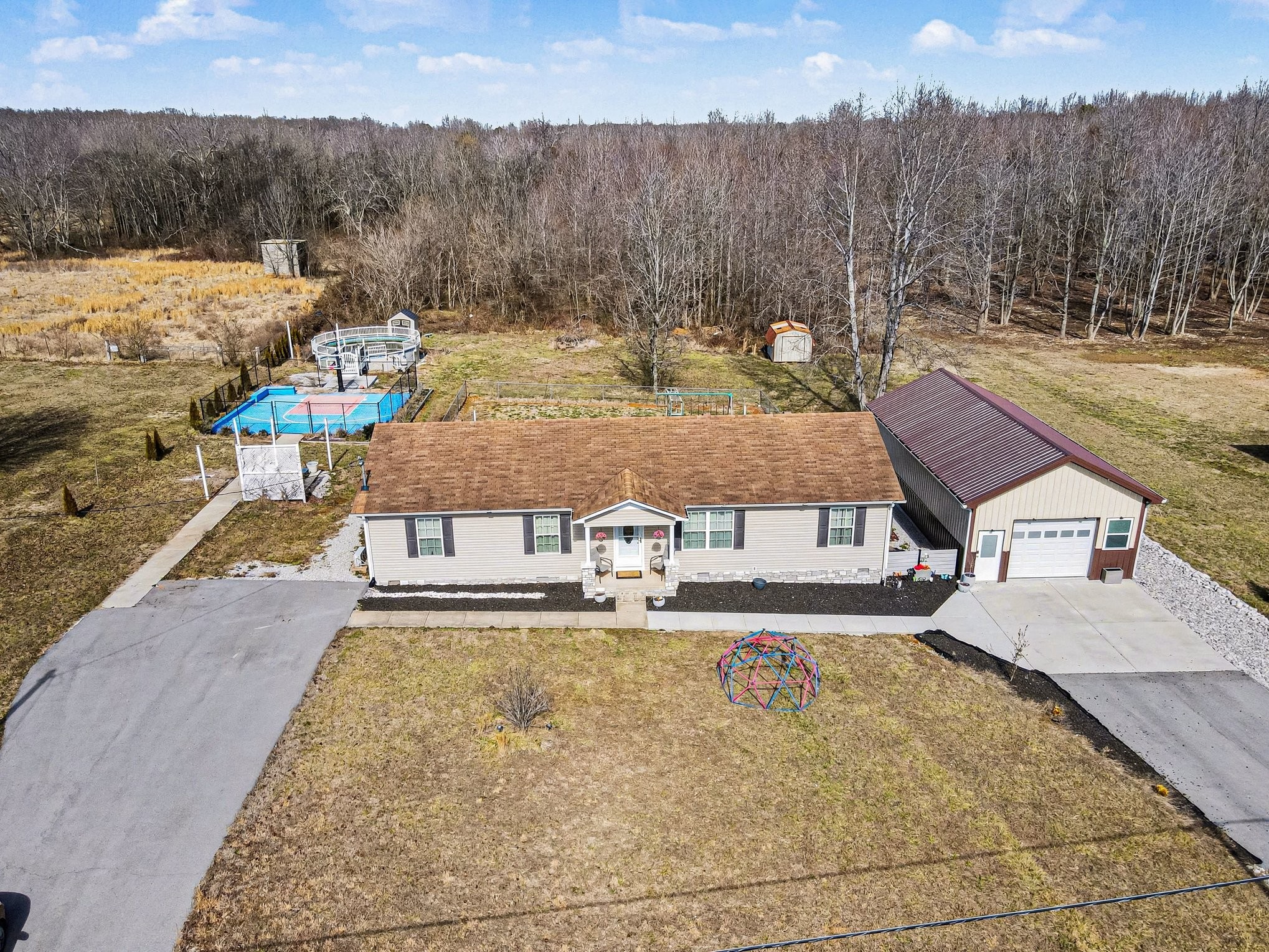 a view of a swimming pool with an outdoor seating