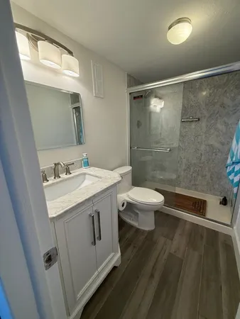a bathroom with a sink a toilet a mirror and a glass door shower