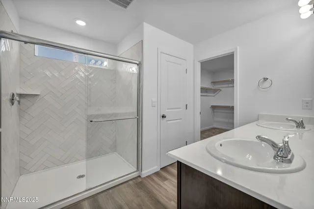 a bathroom with a sink a shower and a mirror