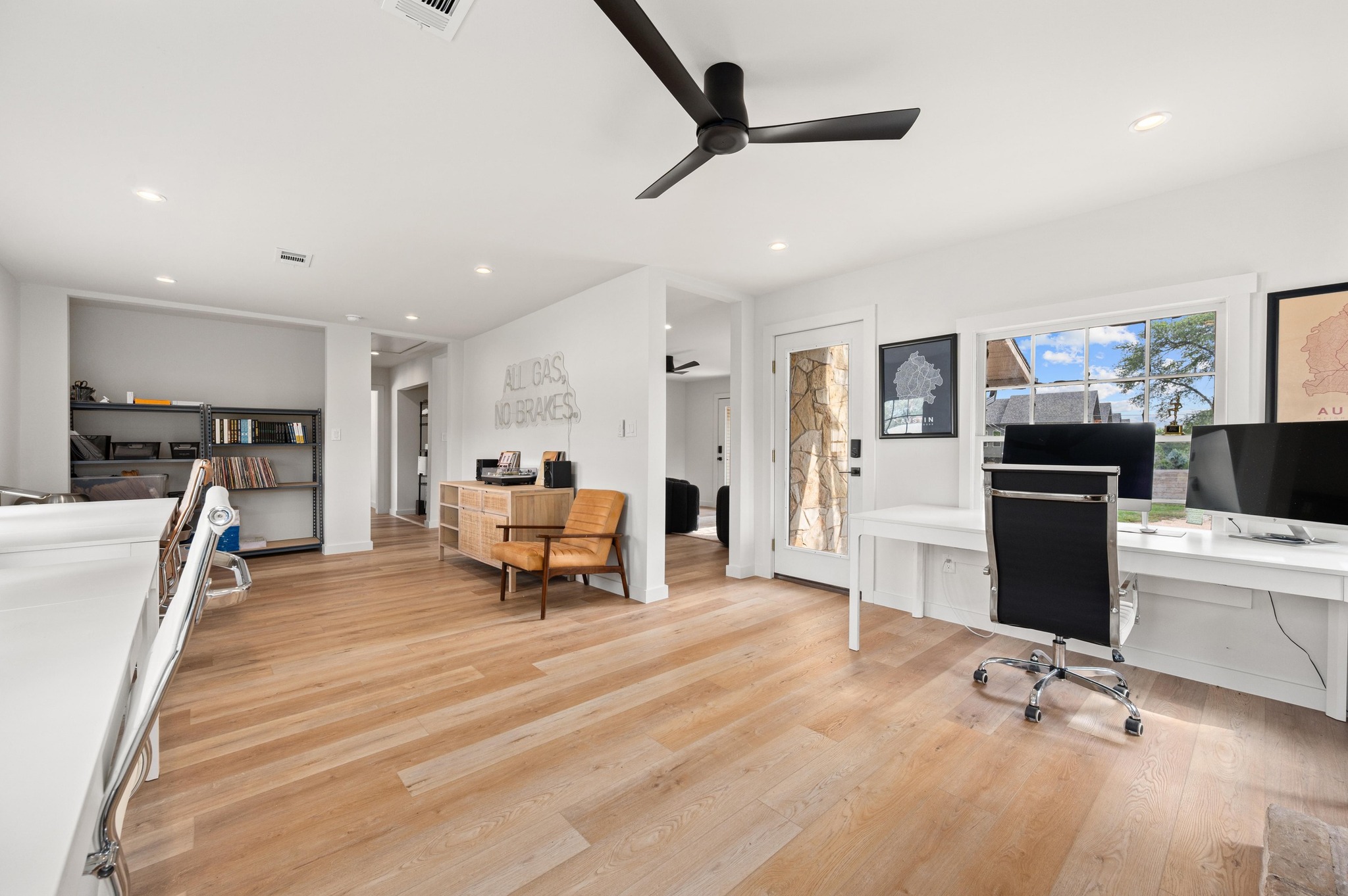 3501 Pecan Springs Road Austin, TX 78723 - Photo 26 of 40 Office area featuring light wood finished floors, recessed lighting, and a ceiling fan