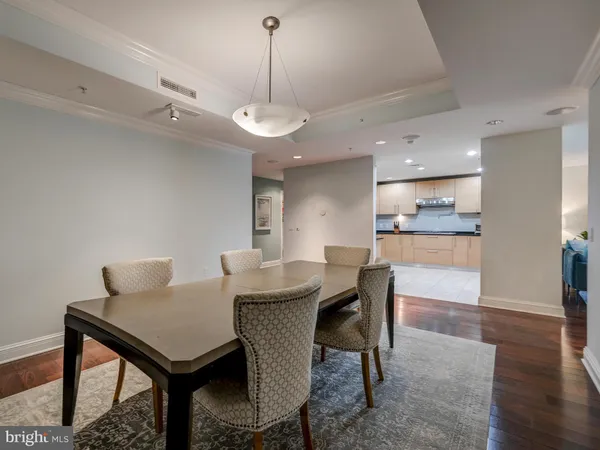 a view of a dining room with furniture