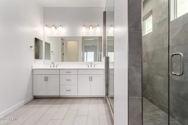 a bathroom with a shower sink and mirror