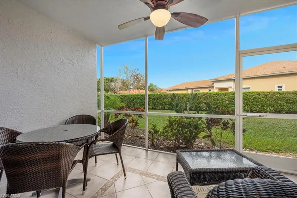 a view of a chairs and table in patio