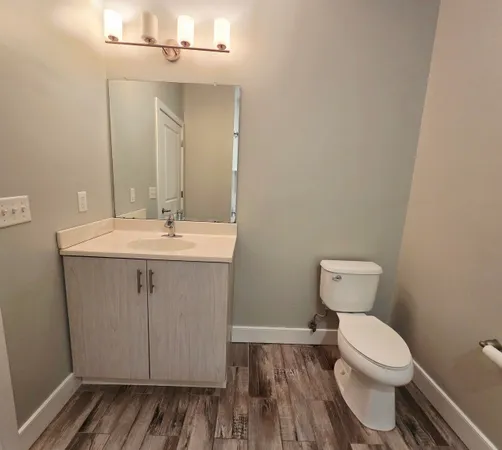 a bathroom with a toilet a sink and wooden floor