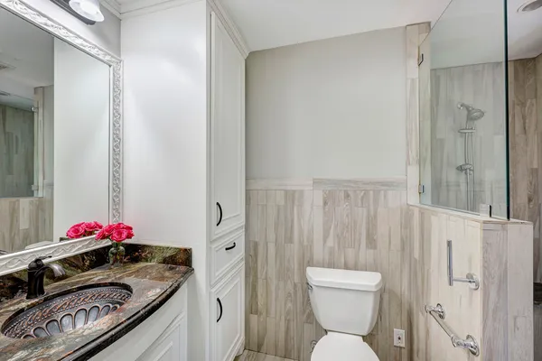a bathroom with a sink toilet vanity and shower
