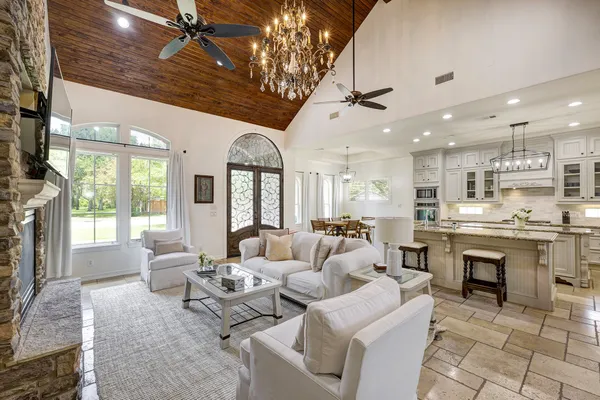 a living room with fireplace furniture and a flat screen tv