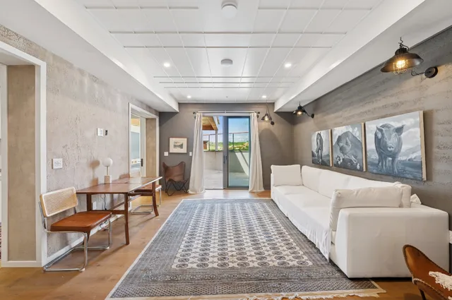 a living room with furniture and a rug