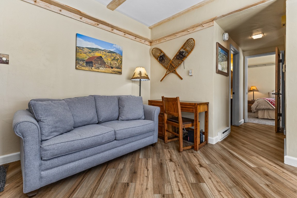 1945 Cornice Road, Unit 101D Steamboat Springs, CO 80487 - Photo 5 of 33 Living room featuring wood finished floors, baseboards, and a baseboard radiator