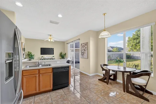 a view of a dining room with furniture and a large window