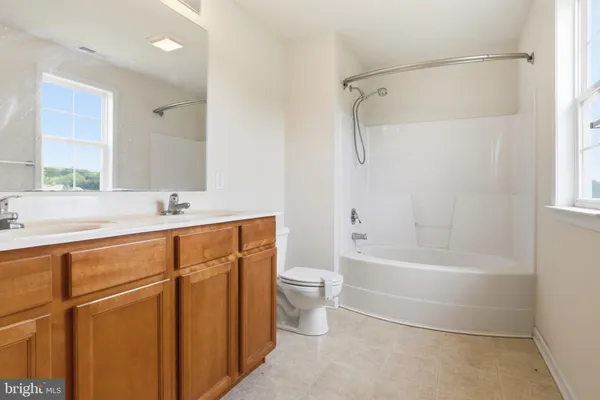 a bathroom with a bathtub shower sink vanity and toilet
