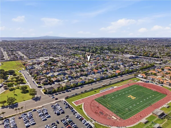 an aerial view of a pool