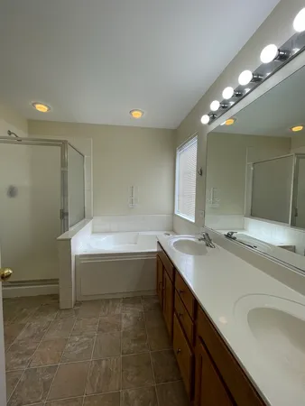 a bathroom with a tub sink and mirror