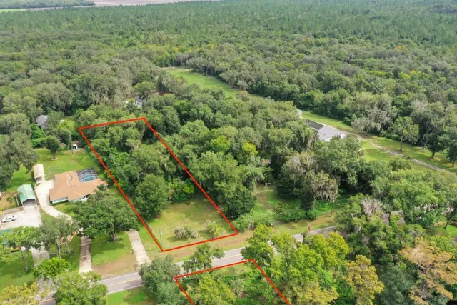 an aerial view of residential houses with outdoor space and trees