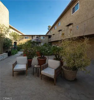 a view of a patio with couches and potted plants