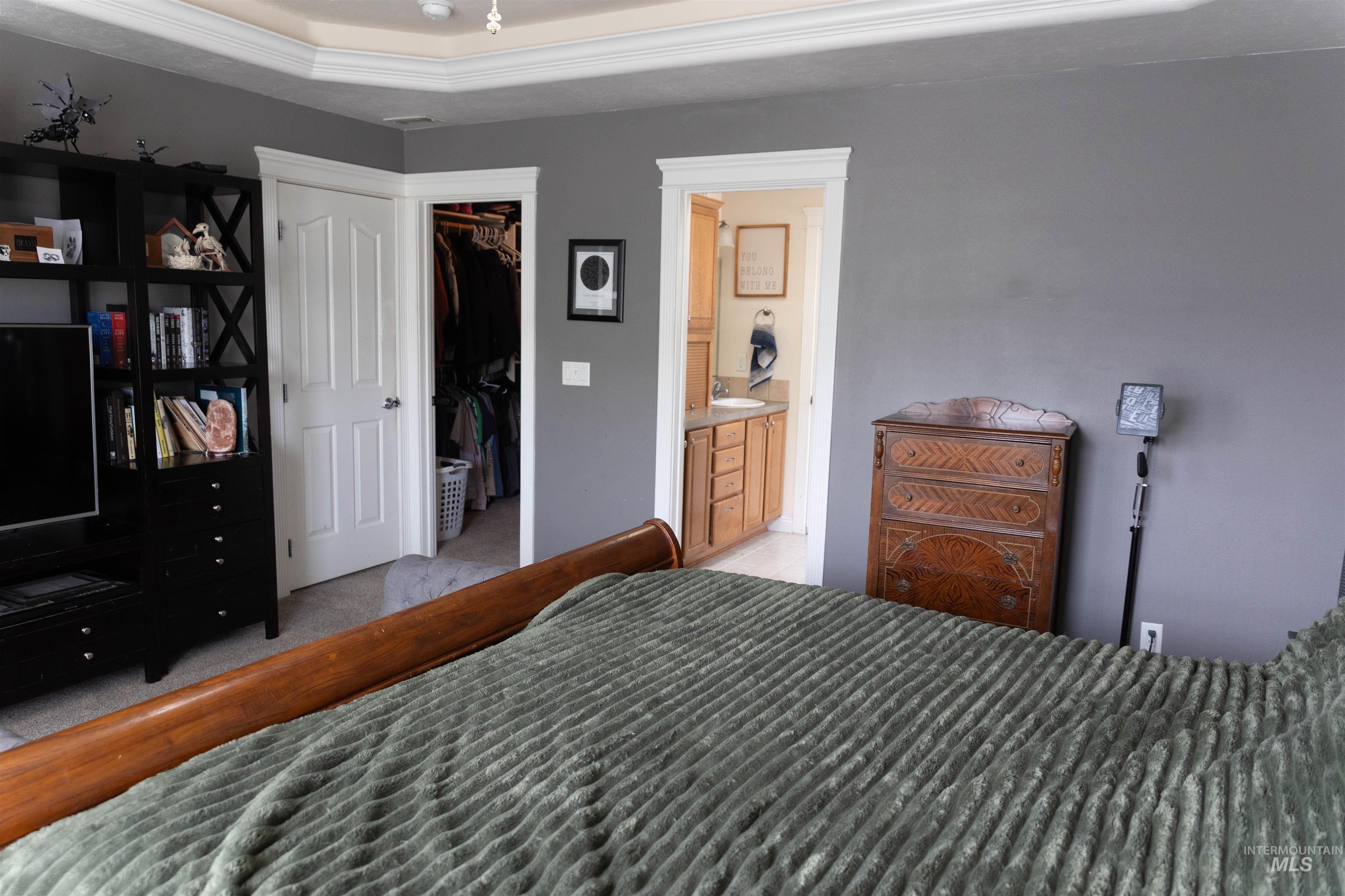 765 Southwest Foley Street Mountain Home, ID 83647 - Photo 22 of 37 Bedroom with connected bathroom, a walk in closet, a raised ceiling, and light colored carpet