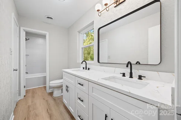 a bathroom with a sink a toilet and a mirror
