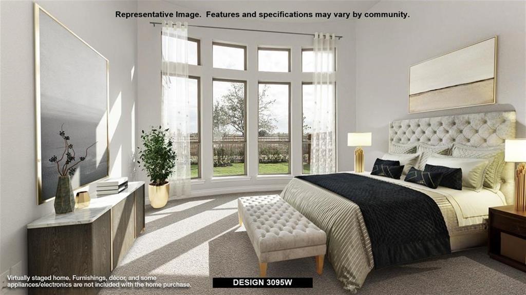4237 Capstone Road Midlothian, TX 76065 - Photo 14 of 25 Expansive multi-pane windows, tufted upholstered headboard, built-in lower cabinetry with a light-toned countertop, and light-toned carpet