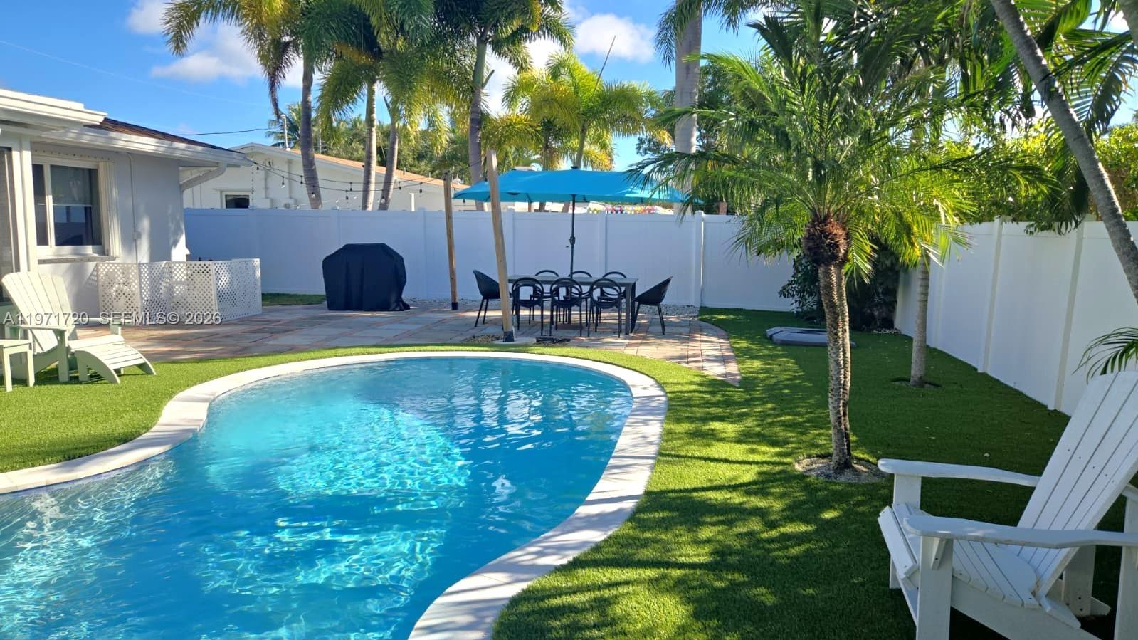 a swimming pool with outdoor seating and yard