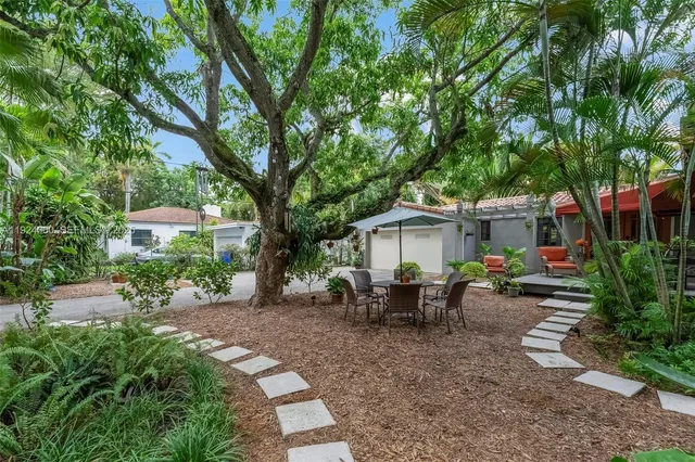 a view of a yard with plants and trees
