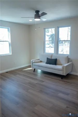 a living room with furniture and a potted plant