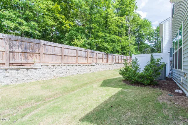 a view of a backyard with plants and large trees