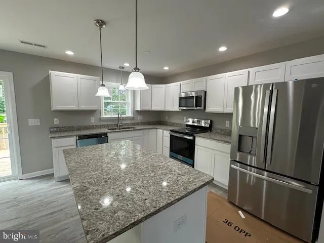 a kitchen with stainless steel appliances granite countertop a refrigerator a stove a sink and a microwave