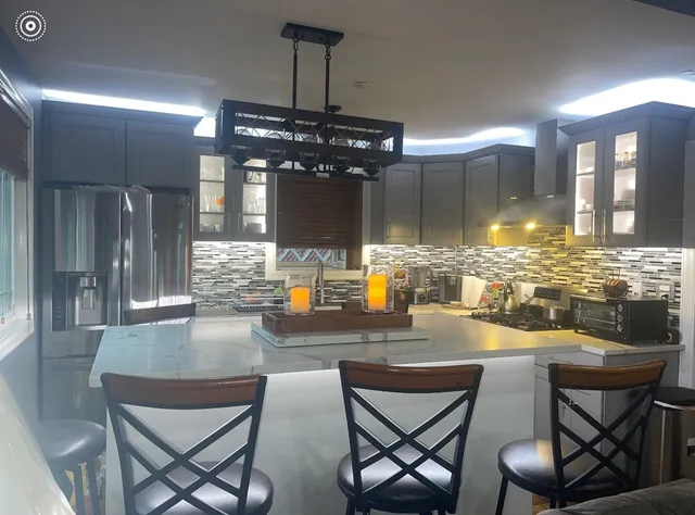 a view of a dining room with furniture