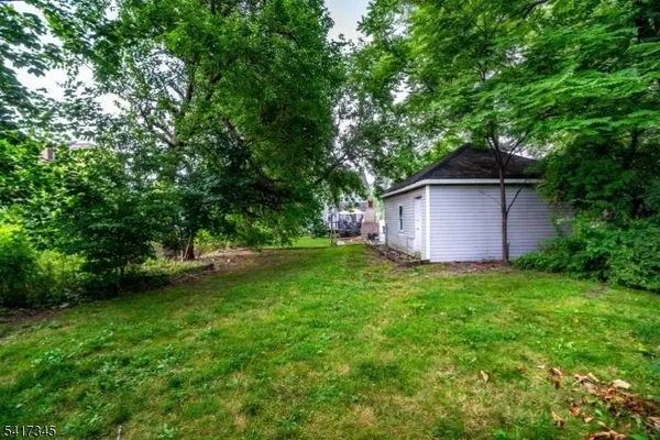 a backyard of a house with plants and large tree