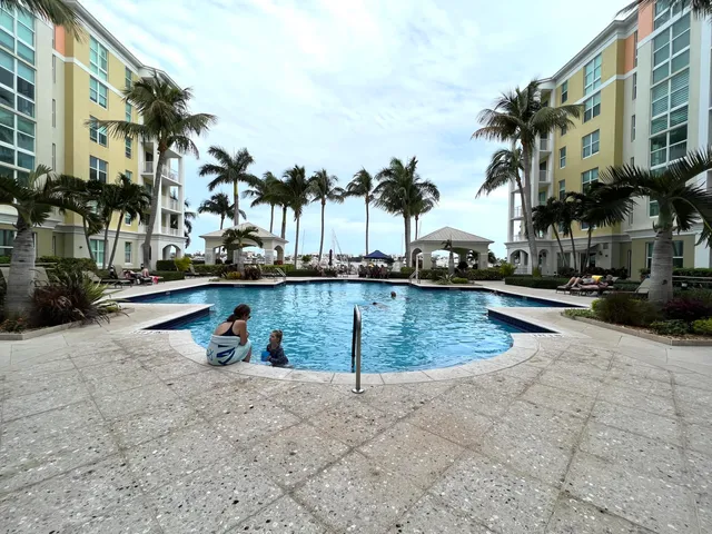 a view of a swimming pool with a lawn chairs and palm trees