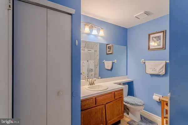 a bathroom with a sink a toilet and mirror