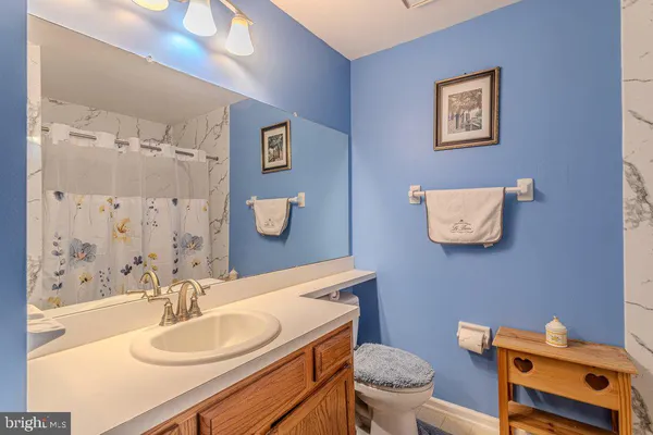 a bathroom with a sink mirror vanity and toilet
