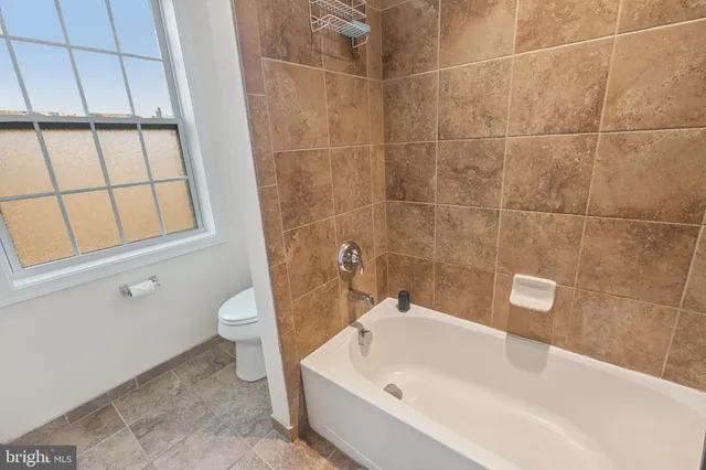 a bathroom with a bathtub and a toilet