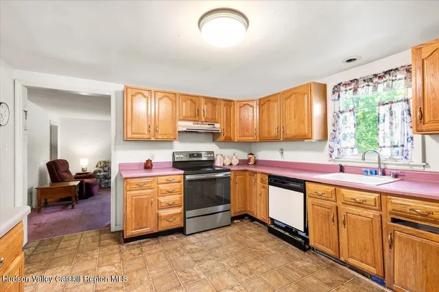 a kitchen with a sink cabinets appliances and a window