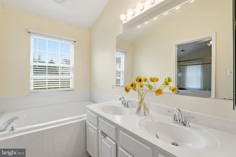 a bathroom with a tub sink and mirror