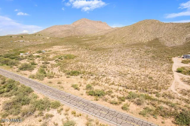 a view of a dry yard with mountains in the background