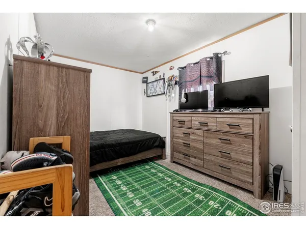 a bedroom with a bed and flat screen tv