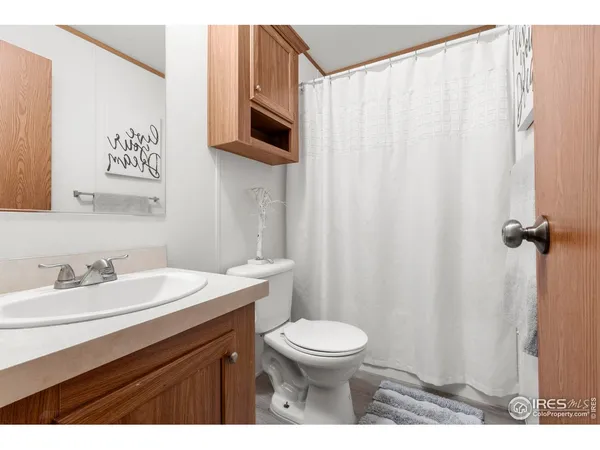a bathroom with a sink a toilet a mirror and shower curtain