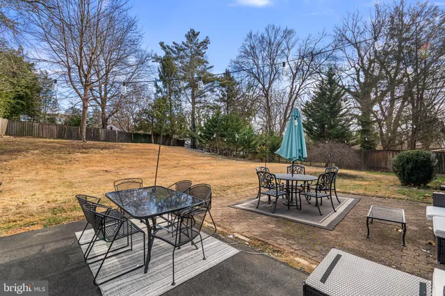 a view of a backyard with furniture and a fire pit