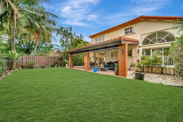 an aerial view of a house with garden space and a street view