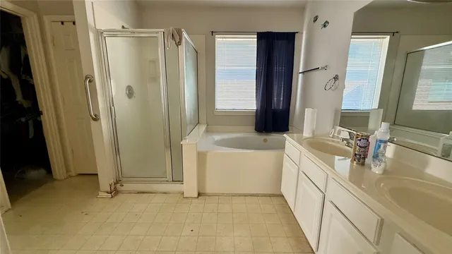 a bathroom with a tub sink and mirror