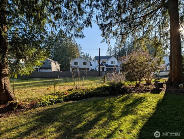 a view of a dirt road with large trees