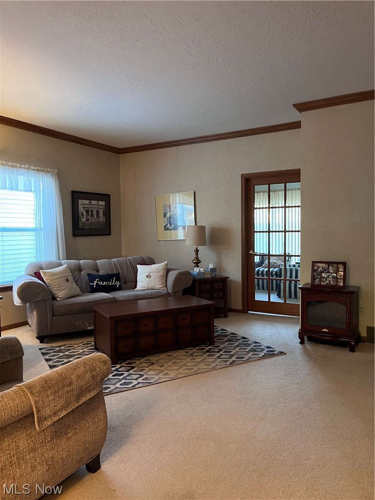 335 Village Drive Seven Hills, OH 44131 - Photo 3 of 14 Living room with light
carpet, textured ceiling and crown molding