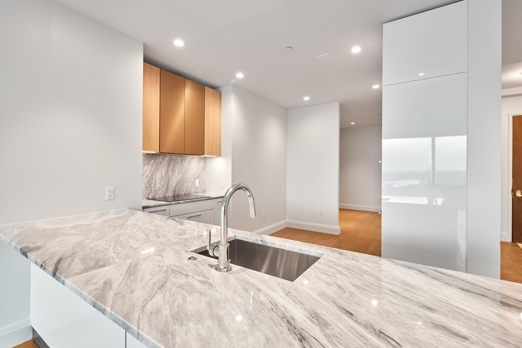 240 Devonshire Street, Unit U5404 Boston, MA 02110 - Photo 6 of 40 a kitchen with granite countertop a sink a stove and a wooden floor