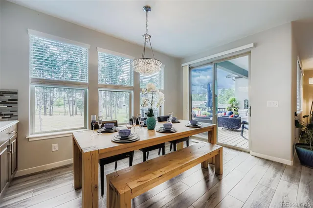 a view of a dining room with furniture window and wooden floor