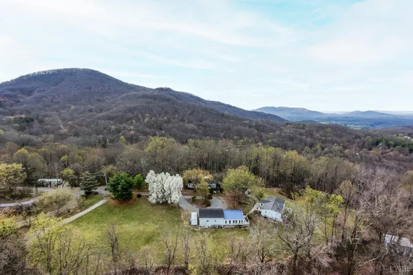 an aerial view of a houses with a lush green hillside