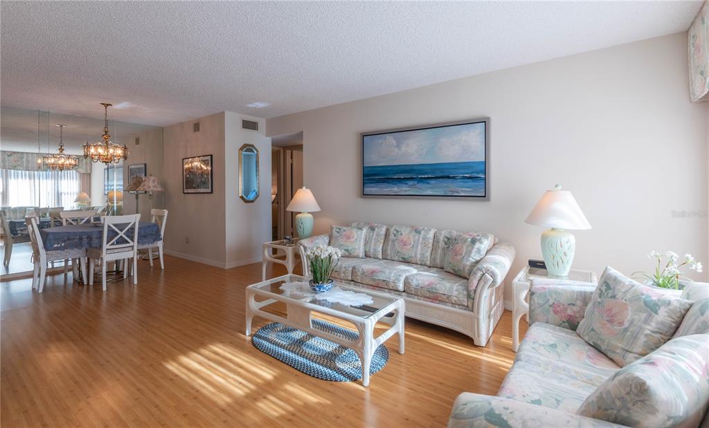 2310 Denmark Street, Unit 46 Clearwater, FL 33763 - Photo 6 of 44 a living room with furniture a wooden floor and a chandelier