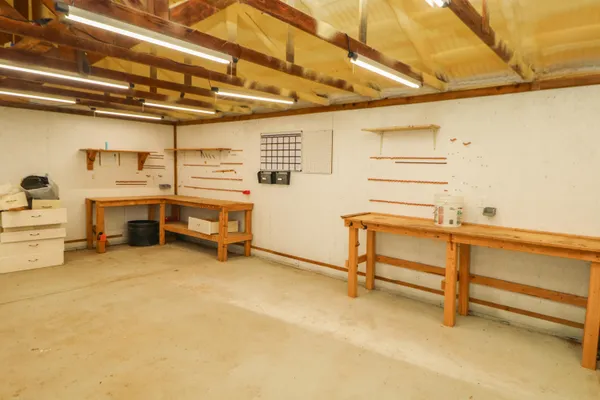 a view of a room with racks on the wall