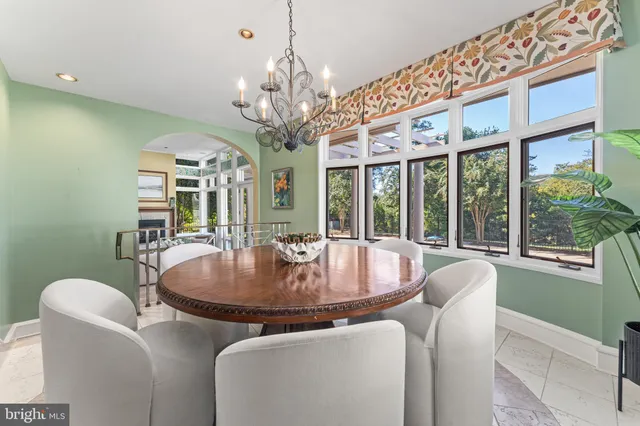 a dining room with furniture and a potted plant